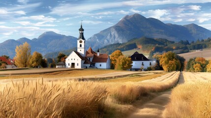 Village church standing in golden wheat field mountains