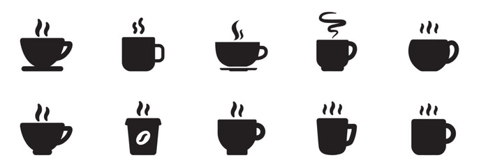Coffee cup icon set. Cups of coffee tea collection. Hot drink icon. Disposable cup. Cup coffe with steam. Flat style. Vector Illustration. Vector Graphic. EPS 10