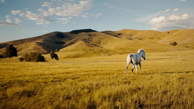 White horse with a long white mane and tail trots gracefully across a yellow field during the day, with hills and mountains visible on the horizon in the distance.