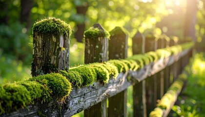 Moss-covered wooden fence in sunlight