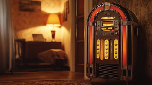 A retro jukebox lights up the room as it plays classic tunes in a cozy living room filled with vintage decor