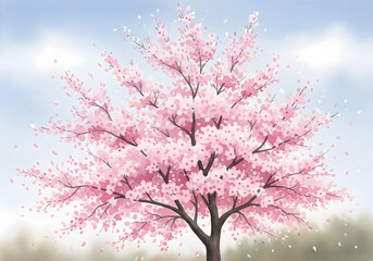 Beautiful Cherry Blossom Tree in Full Watercolor Bloom