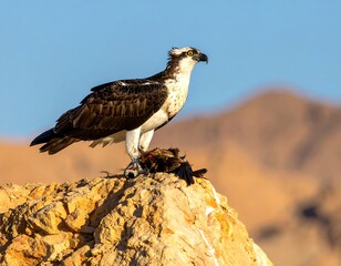 Osprey perched on a rock with prey