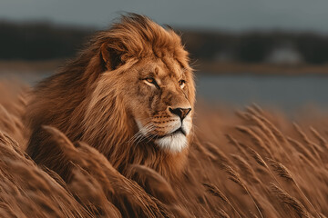 Majestic Lion in Golden Savannah Grass
