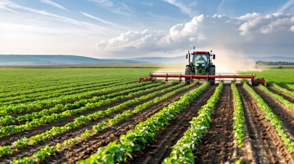 Obraz premium Tractor cultivating young crops in sunny agricultural field