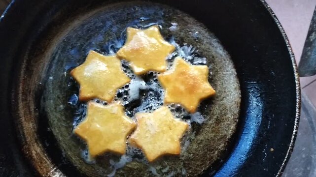 Star-Shaped Oil-Fried Pancakes on a Frying Pan, Homemade Delicious Light Food Video