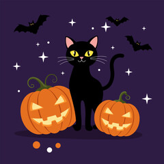 A black cat, bats and pumpkin head in the halloween night