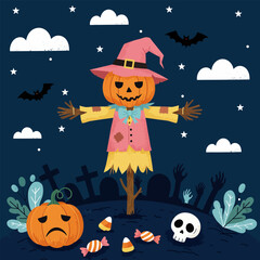 Fototapeta premium A scarecrow pumpkin head in the halloween night, vector illustration