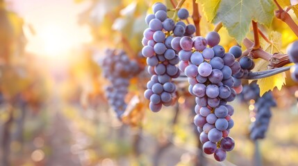 Grapes ripening on vine in vineyard at sunset