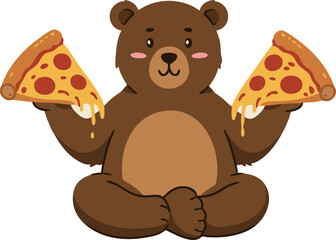Cartoon bear holding two slices of pepperoni pizza in a playful illustration