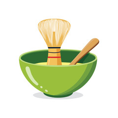 A matcha tea bowl and bamboo whisk. A simple vector icon for Japanese tea ceremonies and healthy green tea. Generative AI