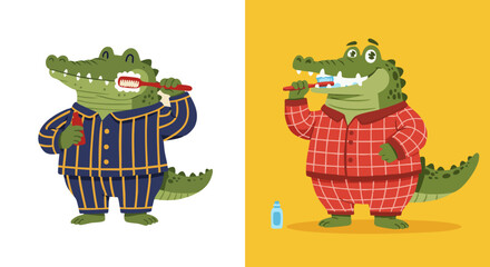 Alligator in pajamas brushing teeth with toothpaste in a cartoon illustration