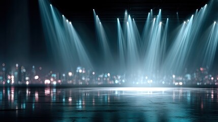 Abstract Blue Light Beams on Wet Surface with Cityscape Background