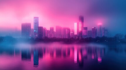 Obraz premium Neon city skyline reflected in misty lake, twilight, urban landscape