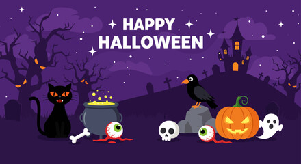 A spooky Halloween vector illustration of a black cat and crow in a dark night sky