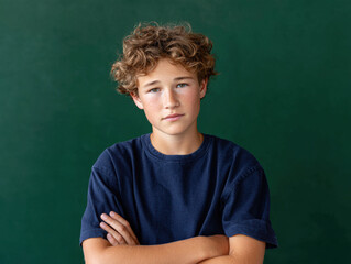 Portrait of confident student posing with crossed arms in front of chalkboard