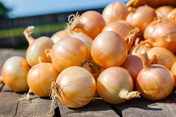 Freshly harvested onions piling on rustic wooden table