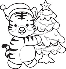 Coloring book of cute tiger character vector clip art for children.  