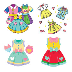 Collection of colorful and playful dresses for little girls featuring various styles and accessories perfect for dress up and imaginative play