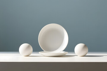 A clean and minimalist studio photograph featuring modern white tableware and geometric spheres