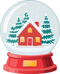 A snow globe with a cozy red house, pine trees, and falling snow. A classic vector illustration for Christmas and winter holidays. Generative AI