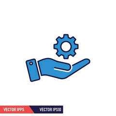 A blue icon of a hand holding a gear, symbolizing technical support, service, and operational management.