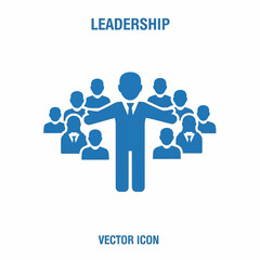 A blue icon representing a leader standing in front of a group of people, symbolizing teamwork and guidance.