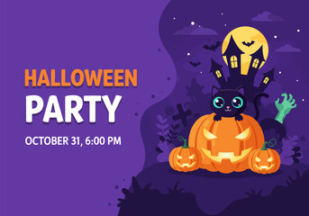 Halloween party invitation in purple background, vector illustration design
