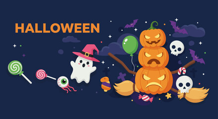 A funny cartoon vector illustration of a happy Halloween featuring a spooky ghost and pumpkin