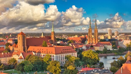Golden Hour Aerial View of Ostrów Tumski in Wrocław with Gothic Cathedral, Tumski Bridge and Historic Architecture by the Oder River, Poland