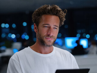 Focused businessman working late using tablet in modern office with bokeh lights