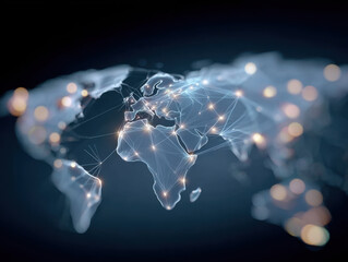 Global network connecting world continents with futuristic lines and nodes