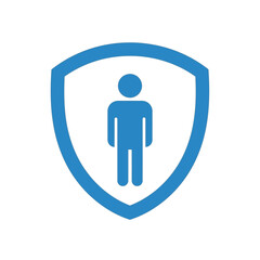 Blue icon of a person inside a shield, representing personal protection.