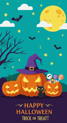 A spooky halloween night illustration with pumpkin, bats, and candies under the orange moon