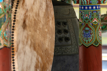 old drum and bell at the Buddhist temple