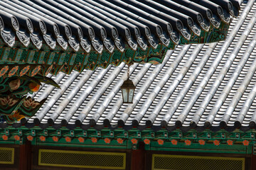 lamp hanging from the wooden eaves at the Buddhist temple