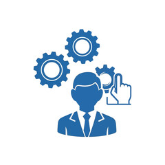 Man in suit interacting with gears, symbolizing management or engineering.