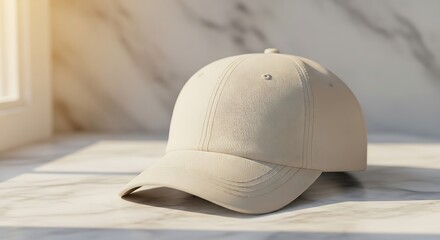 Neutral Beige Baseball Cap on Marble Surface with Soft Natural Light