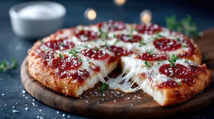Close Up of Pepperoni Pizza Slice with Melted Cheese on Wooden Board