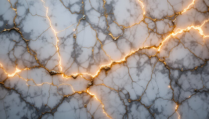 Closeup view of white marble with intricate golden veins, resembling lightning strikes or cracks filled with glowing energy, creating a luxurious and dynamic abstract texture