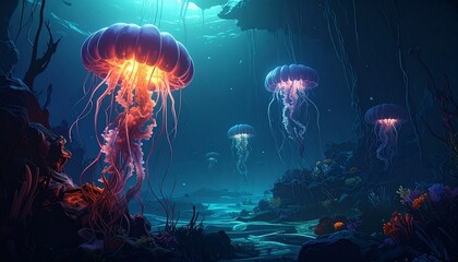 Fototapeta premium Glowing Jellyfish in Dark Deep Sea – Horror Underwater Scene