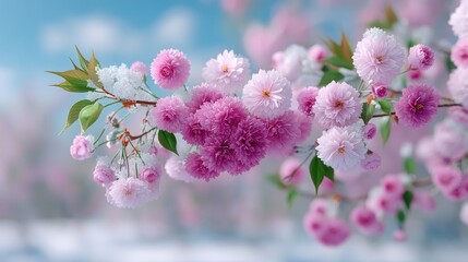 Close Up of Pink Sakura Blossoms on Tree Branch with Soft Focus Background
