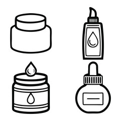 Collection of four simple line art icons representing cosmetic and skincare product containers with liquid drops