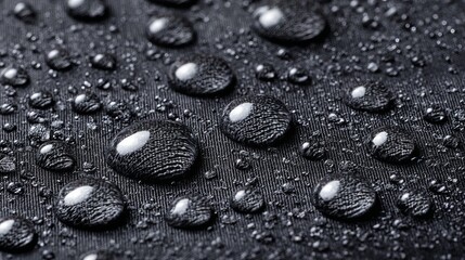 Water drops rest on waterproof black fabric surface Textile resists moisture while keeping a sleek appearance