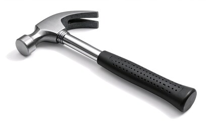 A shiny, modern hammer with a steel head and a black rubber grip, isolated on a white background. Perfect for home improvement projects, construction, or DIY tasks.