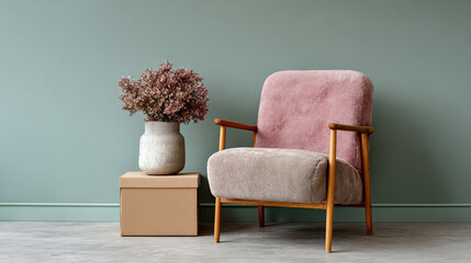 A cozy living room scene featuring a plush pink and beige armchair beside a simple vase with dried flowers and a stack of light-colored boxes against a muted green wall