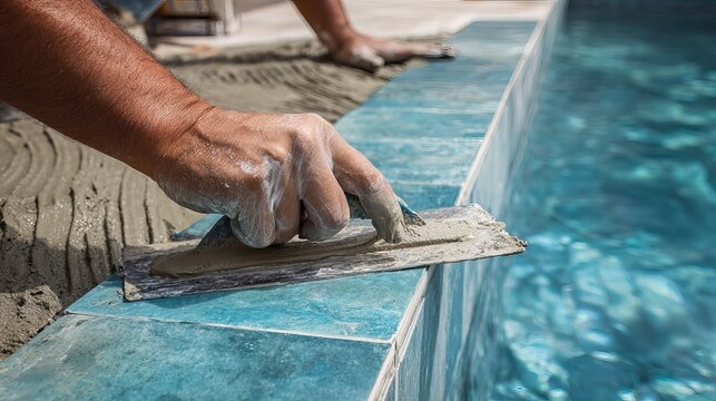 Workers hand spreads cement grout on blue ceramic pool tiles using trowel Construction repair process in detail - Powered by Adobe