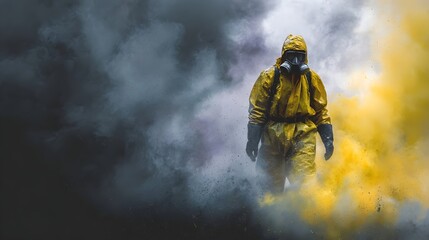 Person in a yellow hazmat suit walks through dense colored smoke and dust conveying a sense of danger and environmental hazard