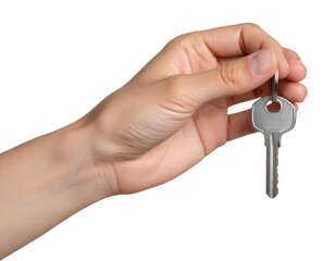 Close-Up of Hand Holding Silver Key with White Keychain, Transparent Background