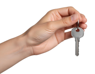 Close-Up of Hand Holding Silver Key with White Keychain, Transparent Background